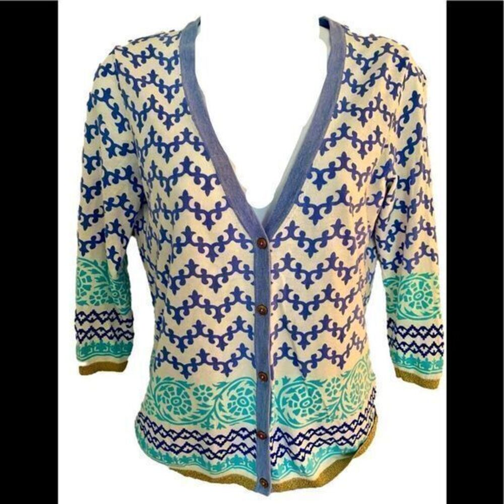 J McLaughlin Cotton Sweater -XS blue /green cardigan, cotton /modal